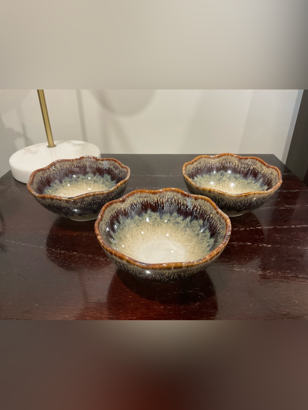 RiRiKU 3 Piece Ceramic Bowl Set Brown & Blue Glaze Scalloped